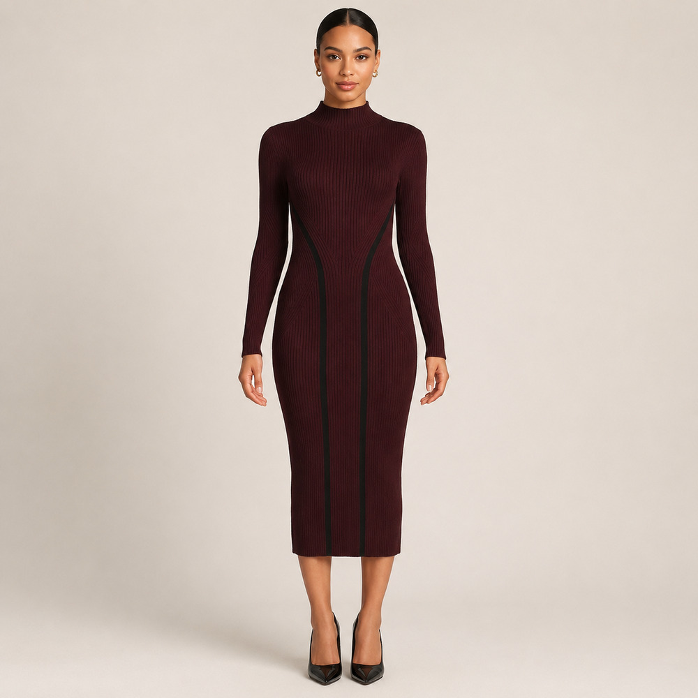 Women's French Connection Maroon Black Knit Sweater Bodycon Midi Dress | Size 4